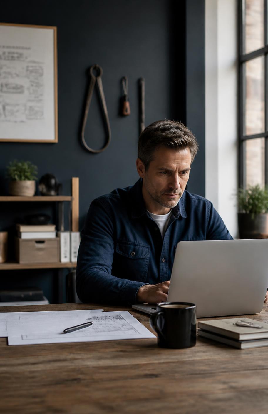 Business owner reviewing plans at a desk in a workshop office